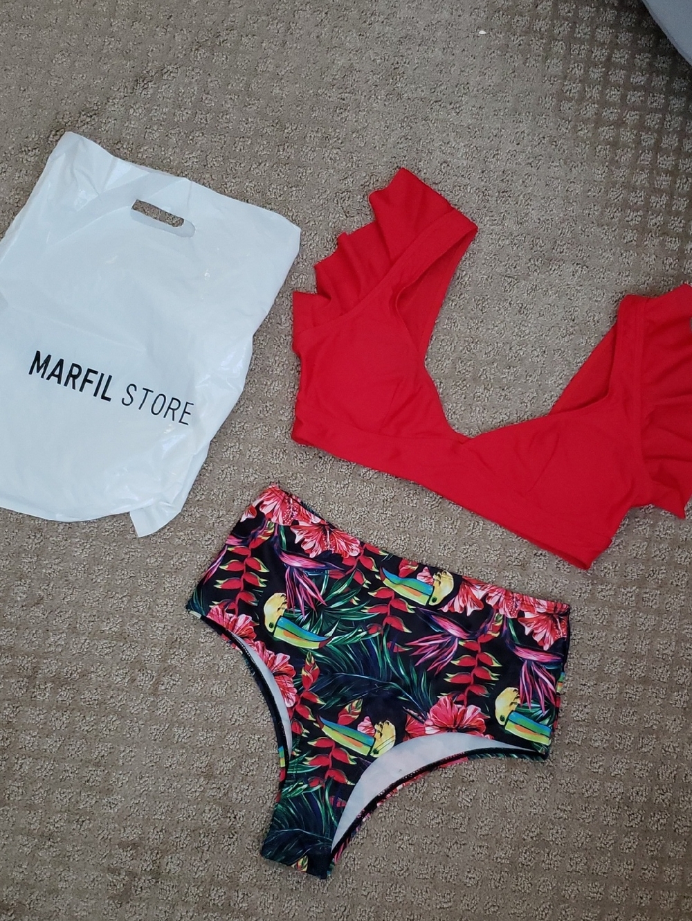 Red Ruffle Ladies Deep Cut Bikini Top & Cheeky Tropical High-Waist Bottoms